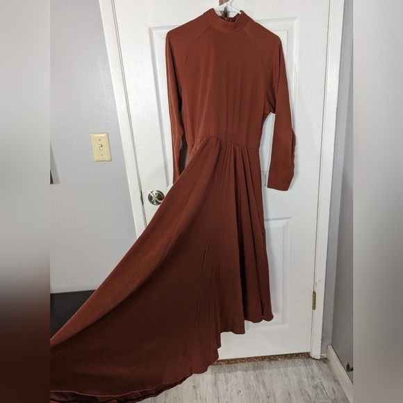 Vintage 80s Mock Neck Rosemary Brantley Burnt Orange Prairie Circle Dress Size S - Picture 4 of 9